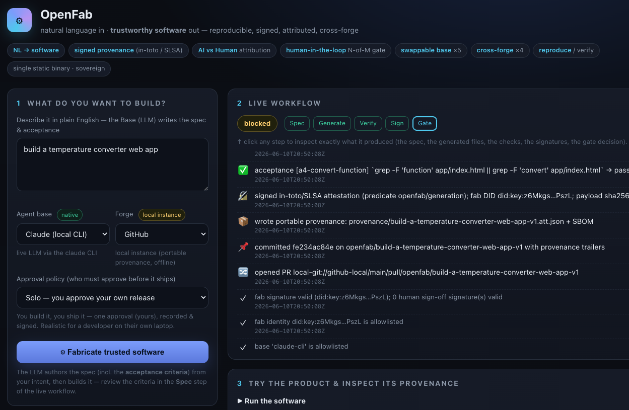 The OpenFab web UI — natural language in, live trust workflow, signed provenance out