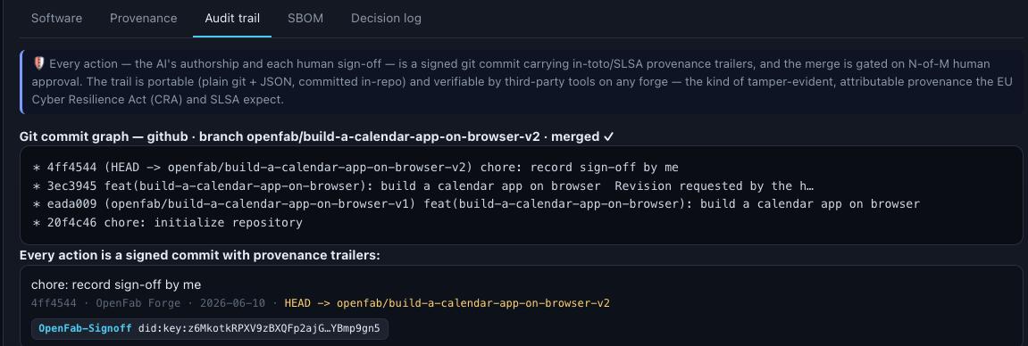 Audit trail tab — signed commit graph with provenance trailers
