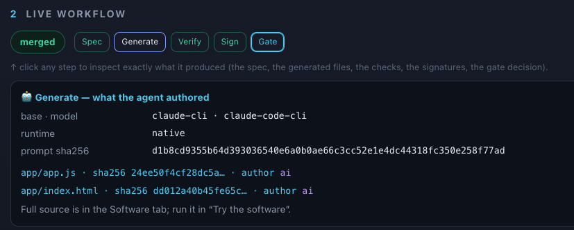 Generate panel — agent DID, model, prompt SHA-256, per-file ai/human attribution